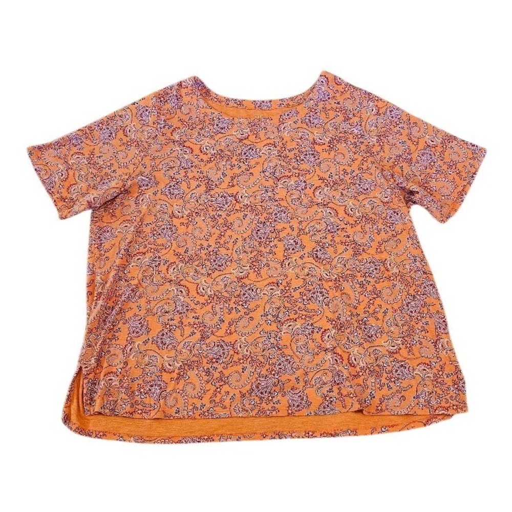 J. Jill Pima Slub Scoop Neck Side-Slit Tee Orange Paisley Print 3X Shirt